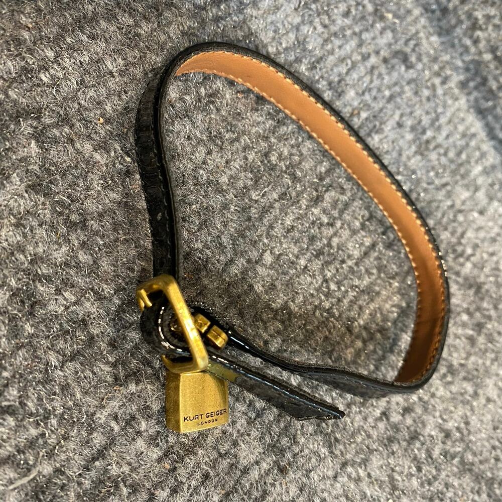 Kurt Geiger London Gold Padlock Charm on Black Patent Leather Wrap Bracelet